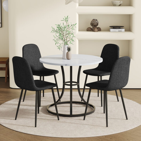 70bb144226f44b3ab579d2bbdf67aa22_539154c3793d0ef0dc83f6f869f993da Table and chair set.A Modern Minimalist Circular Dining Table With A Diameter Of 33.3 Inches.Paired With 4 Black Linen-Cotton Material High Resilience Dining Chair with Metal Black Leg.