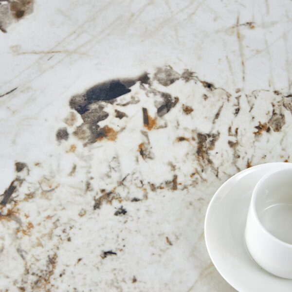 70c335ca1401474d98fcd7733df5039b_cf5b7b161591c9fad993e84b3e111983 63"x31.5x30" Pandora Patterned Rock Slab Dining Table with Silver Stainless Steel Butterfly Legs.The tabletop is designed to be scratch and heat resistant.Slabs Tabletop,Stainless Steels Legs.