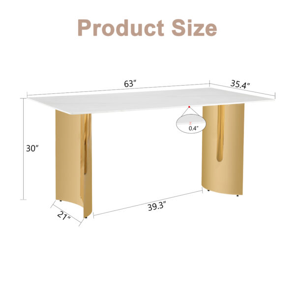 70ce304e9bd047c787b6f8c4783dc5b0_3b220ce677642b8751622ae88b9b2e9e Modern minimalist dining table. White imitation marble glass sticker tabletop, golden table legs, stable and beautiful. Suitable for living room and dining room 63" *35.4" *30 DT-69