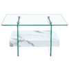 31.4 Inch Modern Two-Tier Square Coffee Table - An Elegant Combination of Clear Glass and White Marble Pattern Sticker.It can be used as a coffee table,a side table or a display stand.