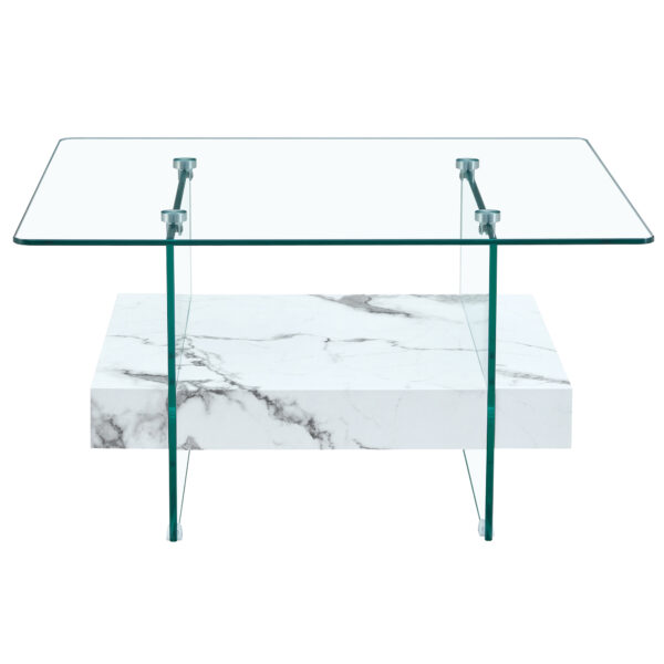 70e8028448f4428cbf9c2405d15c6321_4d8b11326116e6230562d25f7f34bc0c 31.4 Inch Modern Two-Tier Square Coffee Table - An Elegant Combination of Clear Glass and White Marble Pattern Sticker.It can be used as a coffee table,a side table or a display stand.
