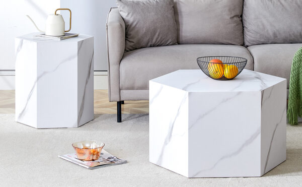 70e9f14202cd428ca1543d43ad20f931_7178025a2a31a80a60bcbf2e69f94428 Modern minimalist style hexagonal white marble patterned MDF coffee table set (two-piece set) .Complex texture patterns, style and texture coffee table to redefine your interior decoration.