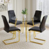 A modern minimalist style round transparent tempered glass table with gold metal legs, paired with 4 modern PU leather high-back dining chairs, bring a luxurious experience.
