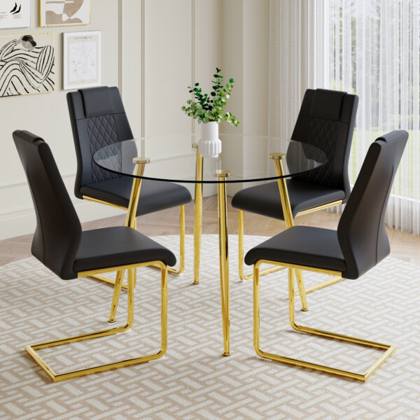 70ef8d08190e47709277c1f64fbc3a69_c0ba1e52db7ac8165e8c9b15f329e933 A modern minimalist style round transparent tempered glass table with gold metal legs, paired with 4 modern PU leather high-back dining chairs, bring a luxurious experience.
