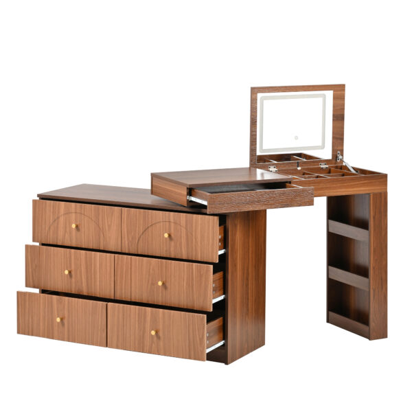 Vanity Desk with Mirror and Lights, Makeup Vanity Table with Flip-Top Tabletop and Storage 7 Drawers, 9 Compartments, 3 Shelves, 3 Color Modes Adjustable Makeup Table for Bedroom, Walnut