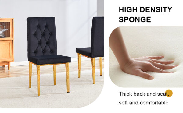 710574daadff4dee9077d56b313c666d_9581aef9352ce46a302cc3fe49ead682 4 piece dining chairs.The gold metal legs complement the black velvet, showcasing a perfect blend of modern and classic elements.Suitable for various occasions such as kitchens,conference rooms, etc.
