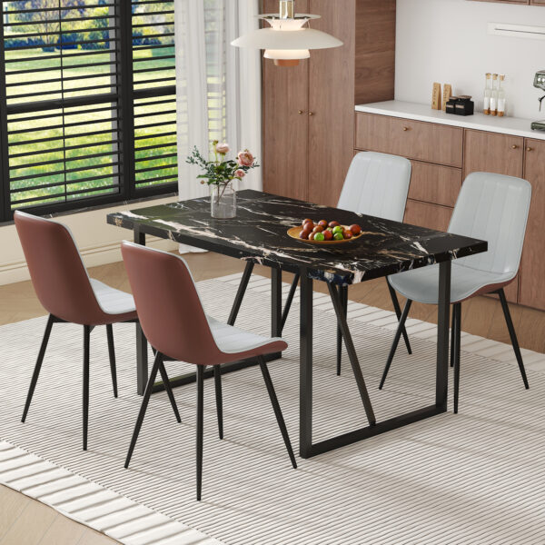 71087aeecb4c4cb3a099ec1c3ebcc985_dbe0b7f2e78f2529b2910da95f67f125 Table and chair set.Modern Black Marble Pattern MDF Dining Table Set-55"x31.4" with 4 Extended Seat Cushion PU Dining Chairs.Brown and Light Gray Splicing Colors Cushion.Iron Pipe Spraying Chair Legs.