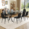 Table and chair set.79"x31.5" with X-shaped Black Metal Table Legs,Wood Grain Textured MDF Crossbeam.Paired With 8 Modern Mid-Century Style Upholstered Side Black PU Chairs.