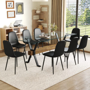 Table and chair set.79"x31.5" with X-shaped Black Metal Table Legs,Wood Grain Textured MDF Crossbeam.Paired With 8 Modern Mid-Century Style Upholstered Side Black PU Chairs.