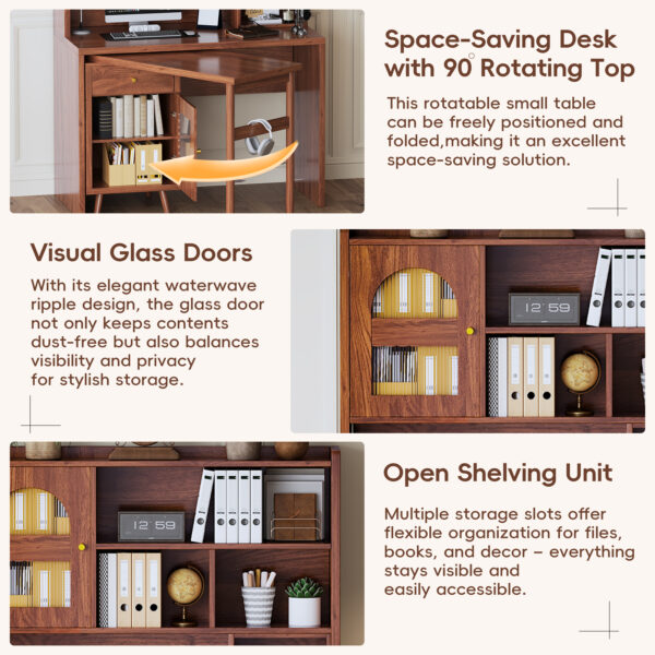 Computer Desk with 90 Degree Rotating Desktop, 43x70 Inch Office Desk with Storage Drawer and Cabinets, Gaming Desk with Shelves, Writing Desk for Study, Work Desk for Home Office Bedroom Living Room