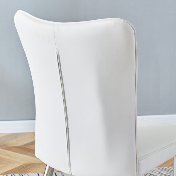 7130ceba85ab4880932fa4a912a5de6e_23a4cdbe6cc3d022aa41cd3e841ec552 Table and chair set.63"*35.4" White Imitation Marble Pattern MDF Dining Table Set - 4 White PU Chairs with a vertical stripe design on the backrest.Create Your Exclusive Low-Key Luxury Space.