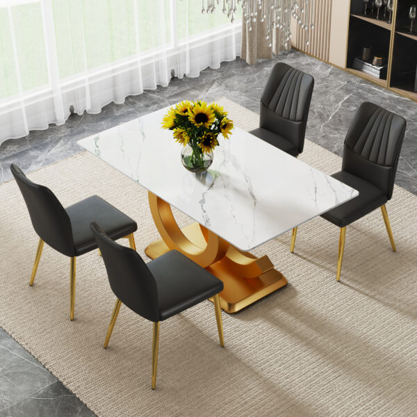 A large modern minimalist rectangular dining table suitable for 6-8 people, equipped with gold MDF OC shaped brackets and aureate base, suitable for kitchen, living room, dining room F-OC