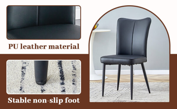 7160a683dadd40e0ae77dbcb03f124a6_0b6ff0e78f4dde64419164d339a178b5 Table and chair set.Modern Black Marble Pattern MDF Dining Set - 55"x31.4"with 4 Black PU chairs with a vertical stripe design on the backrest and black metal legs.Suitable for kitchen,Dining room,etc