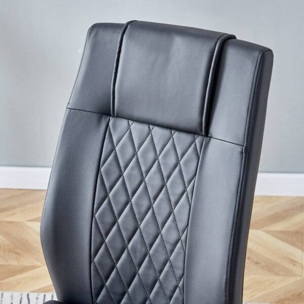 716ac8dd42854d38bc3317c4f365e0b7_c888d939046d1da65d08d48ba8a559ff Table and chair set.64.5 x 35.4 Inch Stylish White Marble Textured Dining Table,Perfectly Blending Simplicity And Transparency.Paried With 6 Black High-quality PU Chairs With Silver Arched Metal Legs.