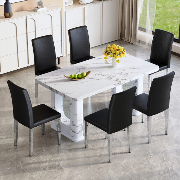71803f15af514d3691c05f6de624fb96_c34e8c4ee085eef335ab904cdf6d39c1 Table and chair set.64.5x35.4 Inch Stylish White Marble Textured Dining Table.Paried With 6 Black PU dining chairs, Silver Metal Legs.Simple and versatile.High Elasticity Sponge Filling.