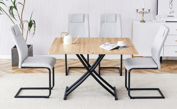 Modern minimalist multifunctional lift table with 0.8-inch MFC tabletop and black metal legs, can be used as dressing table, coffee table, dining table, and office desk.  LT-10055