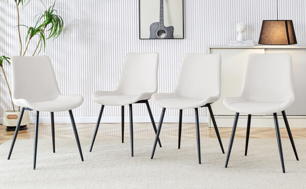 71943a861d434958be8ae0923f32b516_53ee34c960e33fa9d59e53bb9736dbbd White artificial leather backrest cushion dining chair, black metal legs, curved widened cushion design for more comfort, suitable for restaurants, kitchens, bedrooms, offices.(4 chairs) 0502