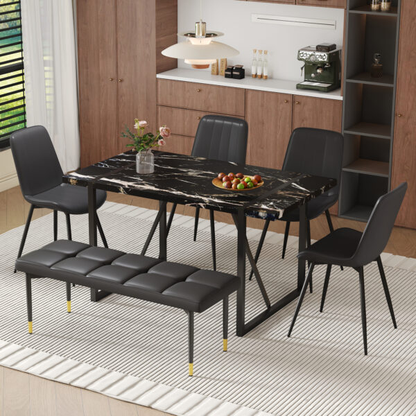 Table and chair set.Modern Black Marble Pattern MDF Dining Table Set - 55"x31.4" with 4 Extended Seat Cushion PU Dining Chairs and 1 Bench,A Choice of Subtle Luxury for Modern Homes.