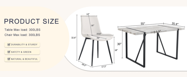 71b3f8808c9d43cbaee6e29db00fc96f_27123134e1d4f912499d4a9ce9f16cfb Table and chair set.A minimalist retro rectangular dining table with a specially textured top and black metal legs.Paired With 6 White Artificial PU Chairs With Curved Widened Cushion Design.