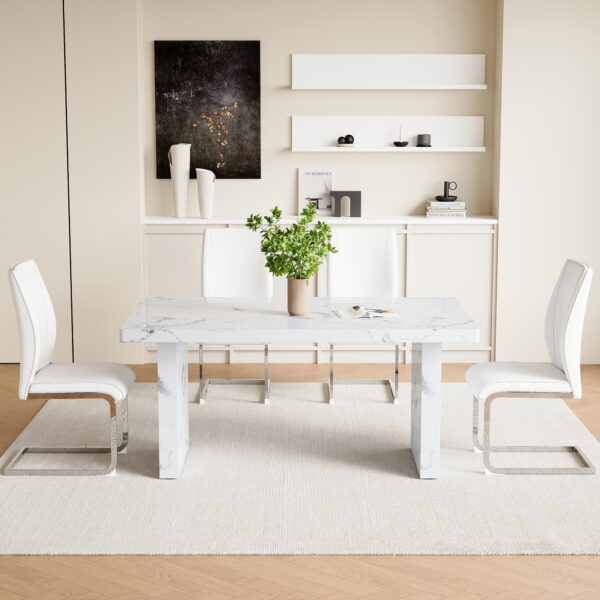 71bfac12f77941b39fe8e011f61cbe91_8146395b779e7e87515b6289caab3d58 Table and chair set.63"*35.4" White Imitation Marble Pattern MDF Dining Table Set - 4 Soft and Comfortable White PU Chair With Arched Metal Silver Leg.Create Your Exclusive Low-Key Luxury Space.