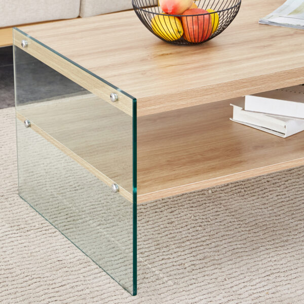 Double layered rectangular coffee table.The board is made of MDF with wooden stickers, with transparent tempered glass on both side.Suitable for various occasions such as living rooms and bedrooms.