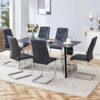 Table and chair set.63"x31.5x30" Black Marble-Patterned Slabs Tabletop with Stainless Steel Butterfly Legs.Paried with 6 Black high-quality PU chairs with silver metal legs.