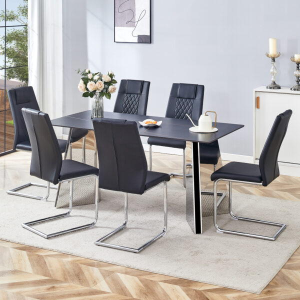 723bdc98612b4009824b368418b9375a_813692d13ee76cef0eaea40b95b2c283 Table and chair set.63"x31.5x30" Black Marble-Patterned Slabs Tabletop with Stainless Steel Butterfly Legs.Paried with 6 Black high-quality PU chairs with silver metal legs.