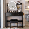 17" Round LED Mirror Vanity Table+Cushioned Stool, Equipped With 2 AC+2 USB Power Socket, Big Mirror, Touch Switch, 3 Colors, Adjustable Brightness, Large Desktop, Multi-layer High Capacity Storage