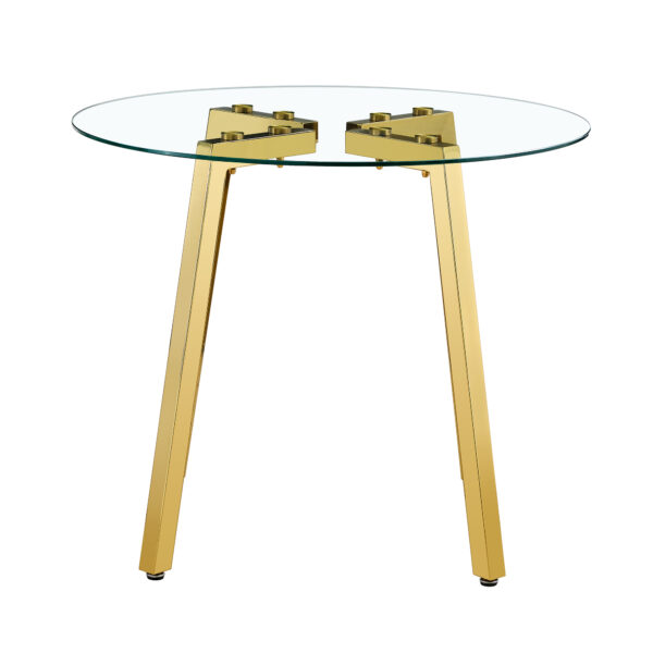 724e4378567d4d66be3abd0acea5bee6_6621178b1b3391750756c6c7c6cd3402 Modern Luxurious Round Tempered Glass Dining Table with Gold 7-Shaped Metal Legs,suitable for family meals, office conferences, or as a casual coffee table for various occasions.36*36*29.5