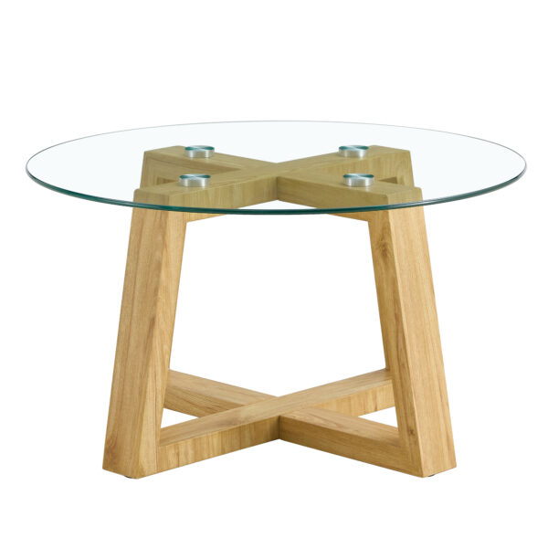 Modern practical circular coffee tables. Made of transparent tempered glass tabletop and wood colored MDF material. Suitable for living rooms and bedrooms.31.5"*31.5"*17.7"