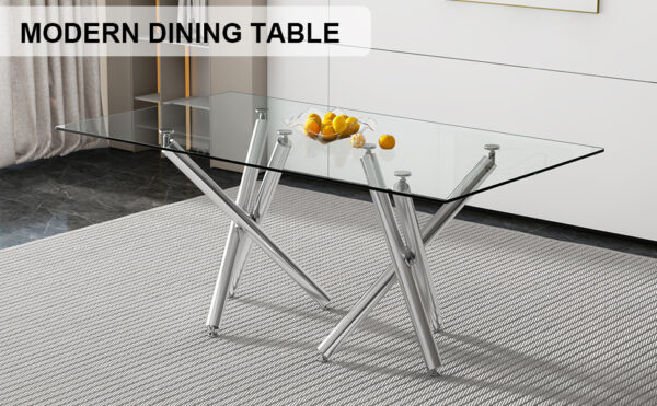 727d4b6712a8470fac6c286ce661ea9f_798c8d4edf1a8d25c8f5025ae3c1432c Large Modern Rectangular Glass Dining Table for 6-8 with 0.39" Tempered Glass Tabletop and Silver Chrome Metal Legs, for Kitchen.Tempered Glass Tabletop,Double Fork Metal Legs.W1151S03321