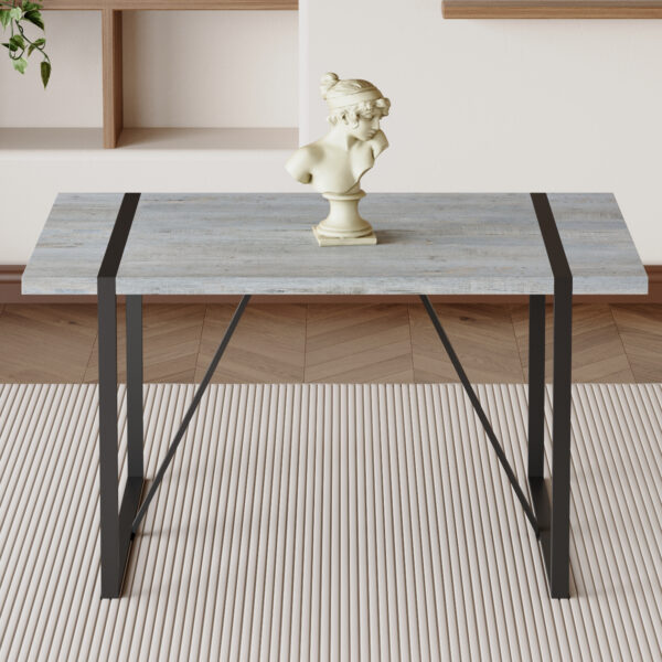 7280597b36ee4d40bf6e6023cc60343d_ab55f653c41ae0df0654c84a142d6340 Industrial Rectangular MDF Light Grey Patterned Dining Table for 4-6 people with 1.5 inch thick MDF top and black metal legs for desks, kitchens, patios, dining rooms