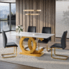 Table and chair set.Subtle Luxury Tempered Glass Dining Set - 63"x35.4" with 4 Black PU Material High Resilience Dining Chairs.Arched Metal Gold Leg.White imitation marble texture sticker Tabletop.