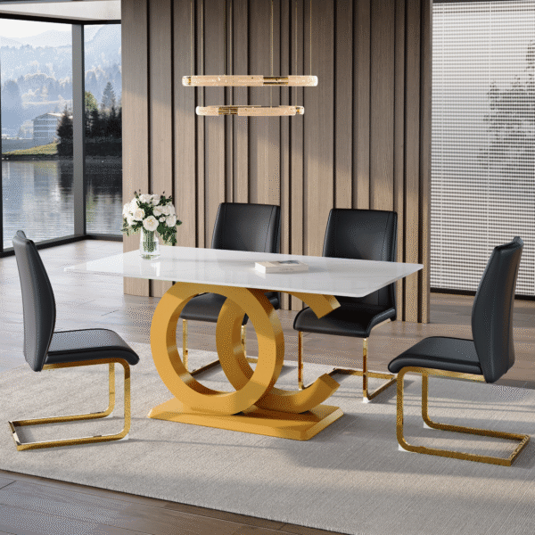 729026fd9bc844be80639e937d516aa4_9993fa49eea6cc0367331d42b43f8b4e Table and chair set.Subtle Luxury Tempered Glass Dining Set - 63"x35.4" with 4 Black PU Material High Resilience Dining Chairs.Arched Metal Gold Leg.White imitation marble texture sticker Tabletop.