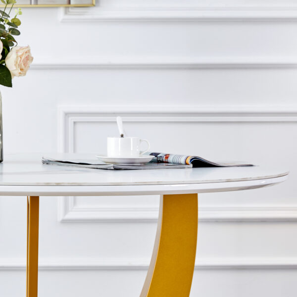 72c93b4413d84caba669f38580806abb_0e8a67293a70136e21782e827a34ca67 Table and chair set.Luxurious Snow Mountain White Slab Round Dining Table Set - 47"x47" with 4 Light Gray PU Chairs.Sintered Stone Tabletop,MDF Table Leg,