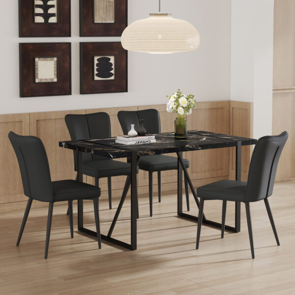 72d8101c7f0d4729a6c030367c736829_9b50d2c86515534847f689a0de613da0 Table and chair set.Modern Black Marble Pattern MDF Dining Set - 55"x31.4"with 4 Black PU chairs with a vertical stripe design on the backrest and black metal legs.Suitable for kitchen,Dining room,etc