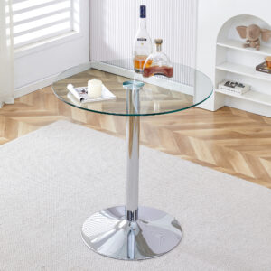 A glass tabletop with a diameter of 35 inches and a modern minimalist circular dining table with electroplated silver metal legs. Suitable for restaurants, living rooms, and conference rooms.BT-1166