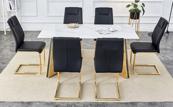 7313c5d6c8e645c2be650f3dd5d40f7c_dd07b7d517bdde5cb532da8100309693 Table and chair set.63"x31.5x30" Luxurious Snow Mountain Patterned Sintered Stone Table with Golden Stainless Steel Butterfly Legs.Paried With 6 Black High-quality PU Chairs With Arched Metal Legs.
