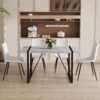 Table and chair set.A minimalist retro rectangular dining table with a specially textured top and black metal legs.Paired With 4 White Artificial PU Chairs With Curved Widened Cushion Design.