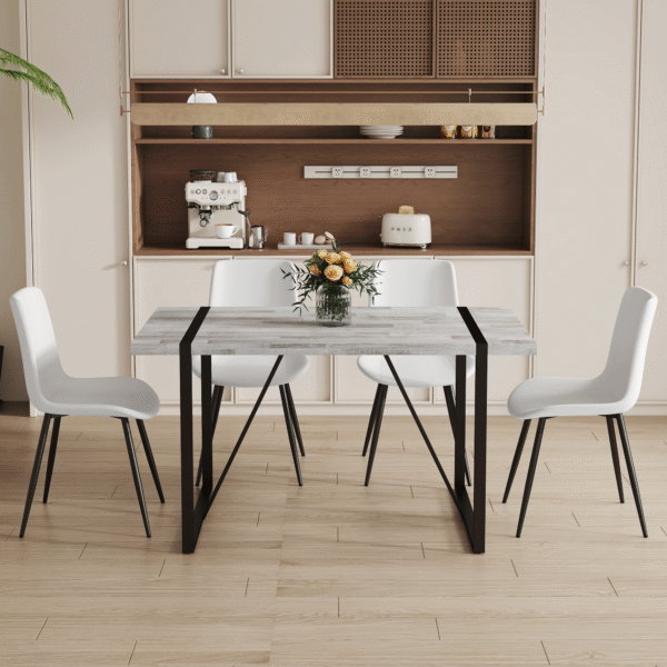 7318cad7440b4ff4ac8553cb4cb4f79b_cb4411c2566e8bd096502702646ec4ec Table and chair set.A minimalist retro rectangular dining table with a specially textured top and black metal legs.Paired With 4 White Artificial PU Chairs With Curved Widened Cushion Design.