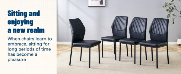 733af29d1824418199d0d7abf9fc8d3e_cff4e864362b38a97ca6f2321eca4f6d Luxury Simple Chair - Set of 6 BLACK PU Material High Resilience Dining Chair with Metal Black Leg.The Chair Back Has a Vertical Stripe Design With Smooth And Uniform Lines.