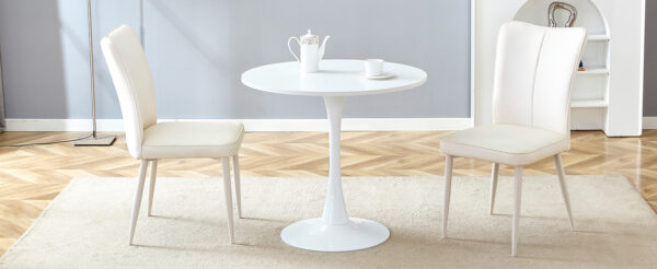 733c3c2692d1464698443c5dd743ab9e_52d837700c856dafc455827ddf87df88 Table and chair set.Hourglass-Shaped Stable Small Round Table -31.9" * 31.9" with 2 Cream-Style dining chairs with a vertical line design on backrest.Adding a warm atmosphere to your family.