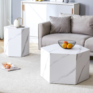 Modern minimalist style hexagonal white marble patterned MDF coffee table set (two-piece set) .Complex texture patterns, style and texture coffee table to redefine your interior decoration.