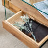 43.3 Inch Modern Two-Tier Coffee Table - Clear Tempered Glass and Natural Wood Grain, Multifunctional Storage Design.The bottom tier includes a drawer.Can be used as a coffee table,side table,etc.