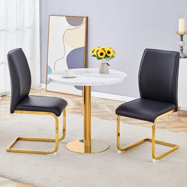 7358c43eee084845844b0002398f2c24_7f75a2502f2fddeef7985d40300b76ed Table and chair set.31.5 Inch Elegant White Marble Pattern Round Dining Table - Suction Molding Annular Texture.Paired With 2 Black PU Material High Resilience Dining Chairs.