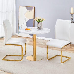 Table and chair set.31.5 Inch Elegant White Marble Pattern Round Dining Table - Suction Molding Annular Texture.Paired With 2 White PU Material High Resilience Dining Chairs.