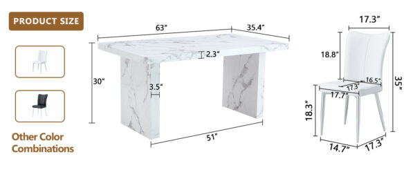 7369e5cec4ad4054bee25e009b9302d5_7cc0af77e9c594cdc837ec99d7d856a8 Table and chair set.63"*35.4" White Imitation Marble Pattern MDF Dining Table Set - 4 White PU Chairs with a vertical stripe design on the backrest.Create Your Exclusive Low-Key Luxury Space.