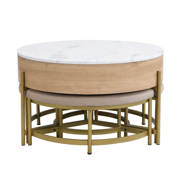 Modern Round Lift-Top Coffee Table with Storage & 3 Ottoman White & Natural