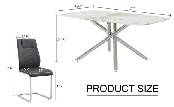 737e26fcc40e46dea170b2c00ca37262_72df54131d1d6e03894ca6133daf48e4 Table and chair set.Modern Luxurious white Marble-Patterned Tempered Glass Dining Table with 6 Chairs.Single fork silver metal table legs.Black high-quality PU dining chairs with silver metal legs.