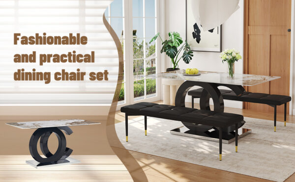 73883d39e30140f1b90a7541fcdddc51_5d1dea1941852340126a6e266009a62e Table and chair set.63*31.5 Inch Pandora Pattern Sintered Stone Dining Table Set,MDF material OC shaped bracket,Paired With 2 Benches,A Choice of Subtle Luxury for Modern Homes.